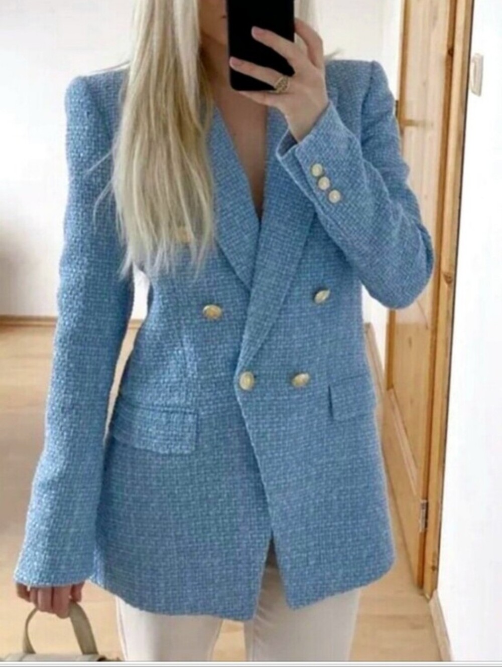 Zara  Blue Double Breasted Textured Blazer with Gold Buttons